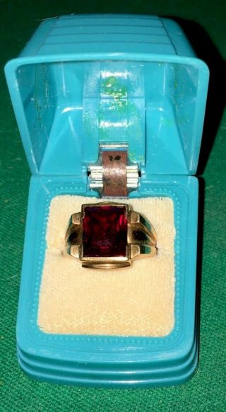 Vintage Crosby 10k Gold Ring Red Jewel Ruby? Mens Old Jewelry