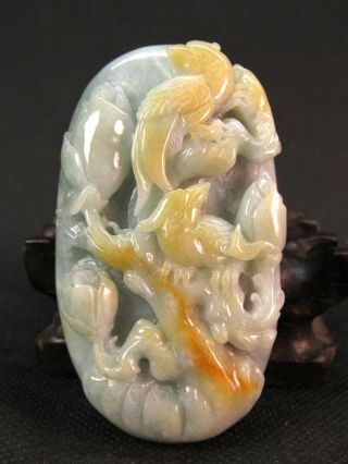 Chinese Flower Bird Carved A Jadeite Jade Pendant