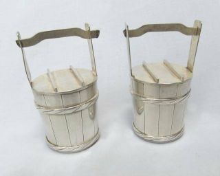Pair Japanese 950 Sterling Silver Figural Salt Pepper Shakers Covered Buckets
