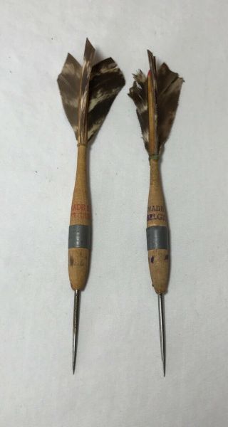 2 Vintage Wooden Picks Darts With Turkey? Feathers Made In Belgium 6.  5 " Long