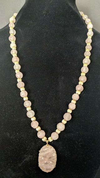 Vintage Hand Carved Chinese Pink Quartz And 14k Gold Bead Necklace