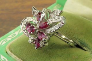 Vintage palladium ART DECO ANTIQUE 1920 ' s RUBY DIAMOND RIBBON COCKTAIL ring C4 3