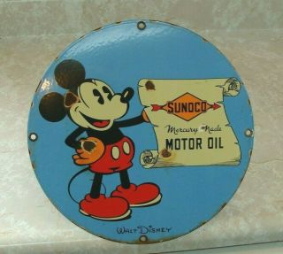 Old Vintage Porcelain Sunoco Motor Oil Mickey Mouse Service Station Gas Sign