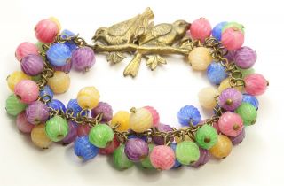 Vintage Unsigned Haskell? Pastel Glass Bead Cluster Bird Clasp Chain Bracelet