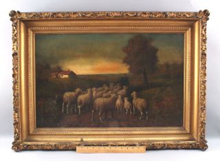 Antique American Impressionist Tonalist Sunset & Sheep Landscape Oil Painting Nr