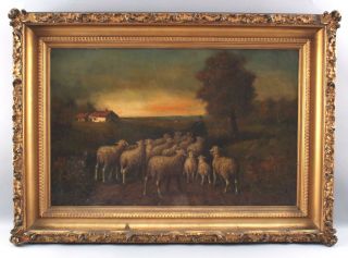 Antique American Impressionist Tonalist Sunset & Sheep Landscape Oil Painting NR 2