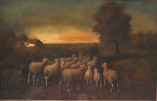 Antique American Impressionist Tonalist Sunset & Sheep Landscape Oil Painting NR 3