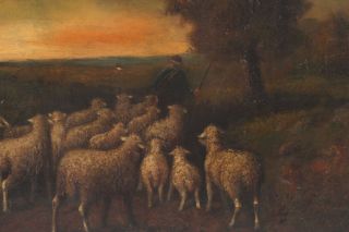 Antique American Impressionist Tonalist Sunset & Sheep Landscape Oil Painting NR 4