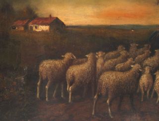 Antique American Impressionist Tonalist Sunset & Sheep Landscape Oil Painting NR 5