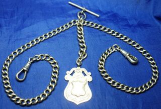 Solid Silver Double Albert Watch Chain Tbar,  Clips & Fob Set 1912/13 49.  2 G