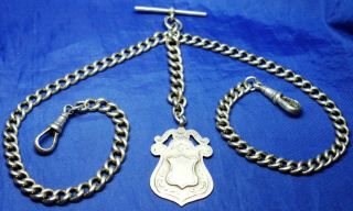 SOLID SILVER DOUBLE ALBERT WATCH CHAIN TBAR,  CLIPS & FOB SET 1912/13 49.  2 g 2