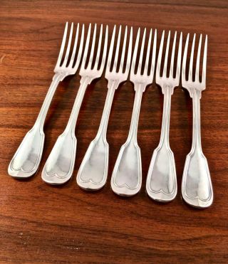 (6) Christofle French Silver Plate Dinner Forks “chinon”: E Monogram 8 1/4 "