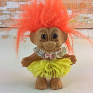 Vintage Russ Berrie Troll Doll 5” My Lucky Tiki Hawaiian Troll 18306 Yarn Skirt