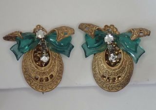 Vintage Miriam Haskell Gilt Brass Rhinestone Emerald Green Glass Bow Earrings