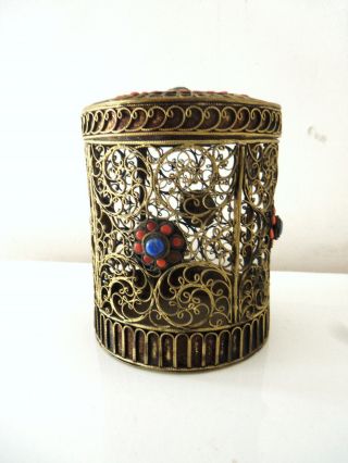 Fine Old Nepal Tibetan Silver Gilt Wire Work Canister,  Coral And Lapis
