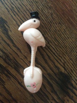 Vintage Adorable Pink Stork Bird Egg Baby Rattle Toy Hard Plastic