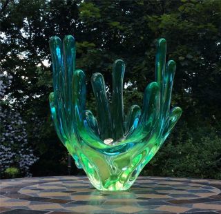 Vintage 1960s Chalet Aqua Hand Made Art Glass Canada Signed Vaseline Uranium