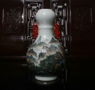 Old Rare Famille Rose Chinese Porcelain Landscape Vase Qianlong Mk