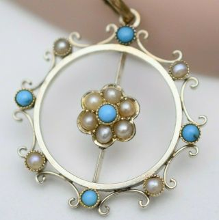 Antique Victorian Edwardian 14k Gold Pearl & Turquoise Flower Pendant