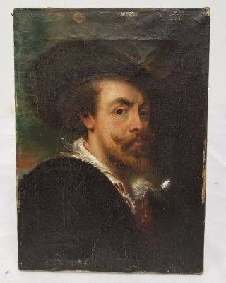 Antique 19th Century Small Oil Canvas Painting Peter Paul Rubens Self Portrait