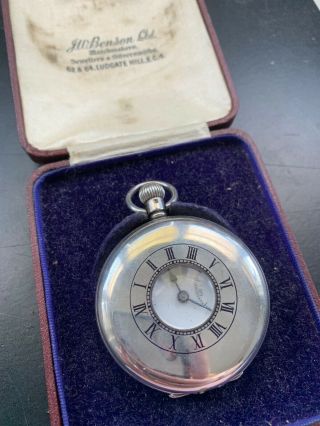 Vintage Jw Benson Silver Half Hunter Pocket Watch With Case Serviced