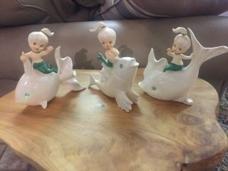 Vintage Set Of Three Norcrest Mermaids Riding Fish P697