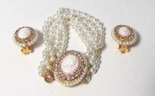Hobe Faux Pearl And Cameo Earrings And Bracelet