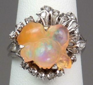 Unique Vintage Art Deco 14k Gold Rhodium Carved Opal Diamond Floral Ring S 5.  25