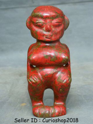 7.  8 " Old China Hongshan Culture Red Turquoise Carved Woman Big Boobs Statue