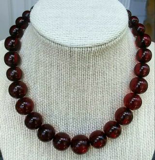 Vtg Dark Red Cherry Amber Bakelite Faturan Graduated Round Bead Necklace 42 Gr