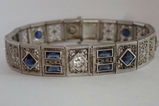 Antique Art Deco Sterling Silver Filigree Sapphire Crystal Paste Bracelet