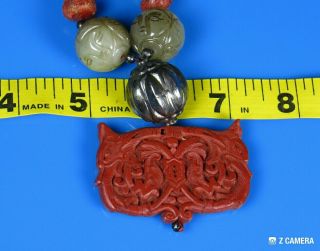 Chinese Dragon Jade Red Coral Cinnabar Necklace Import Vintage Antique Turtle 2