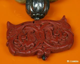Chinese Dragon Jade Red Coral Cinnabar Necklace Import Vintage Antique Turtle 4