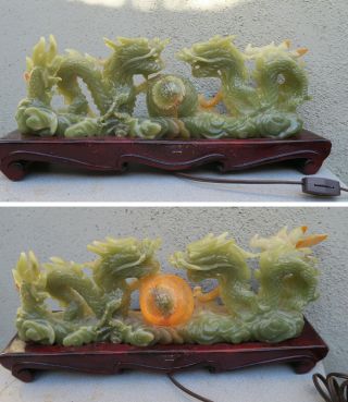Huge Dragon Green Carved Jade Stone Lamp Vintage Sculpture Decor Asian Gothic