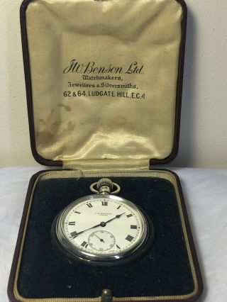 Antique J.  W.  Benson London Hallmarked Silver Pocket Watch In Case.