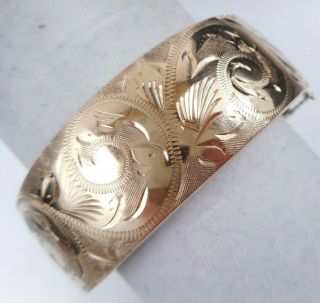 Antique Or Vtg Wide Etched 9ct 9k Gold Filled Hinged Bangle Bracelet 50g 7 "