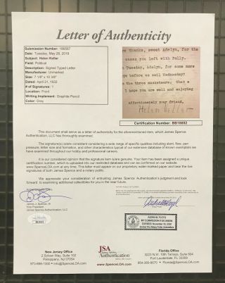 Helen Keller RARE Signed 1932 Typed Letter JSA LOA Blind - Deaf Author / Activist 3
