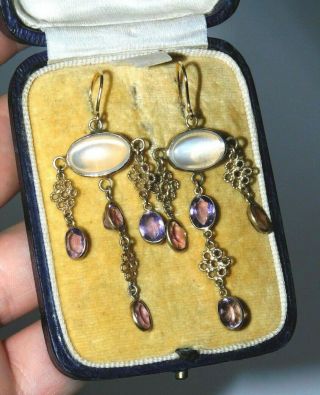 Magnificent,  Vintage 9ct Gold Moonstone & Amethyst Chandelier Drop Earrings
