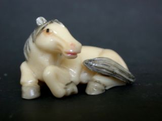 Vintage Japanese Ivory Colored Bone Netsuke - Horse With Dark Mane Sits
