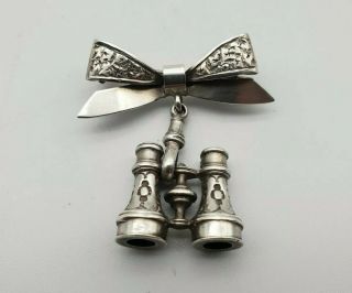 Antique Alfred James Cheshire Solid Silver Bow & Opera Glasses Pin Brooch Badge