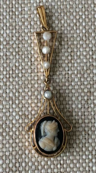 Antique 10k 10 K Solid Yellow Gold Seed Pearl Cameo Pendant