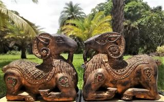 Pair Antique Burmese Gilt Hand Carved Wood Temple Altar Rams W/inlaid Glass