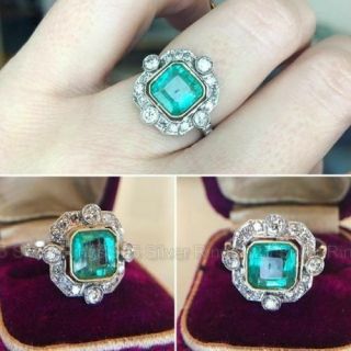 Vintage Halo 14k White Gold Over 2ct Green Emerald Diamond Retro Engagement Ring