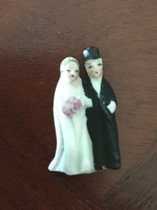 Antique Bisque German Hertwig & Co Bride & Groom 1 1/8 " Wedding Cake Topper Doll