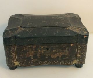 Antique Victorian Chinese Export Black Lacquer Tea Caddy Signed 1884
