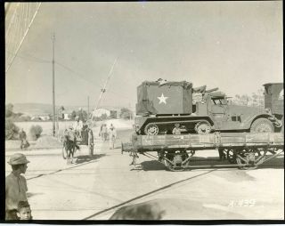 Wwii 1943 4th Field Hospital - American Halftracks On Train,  Italy