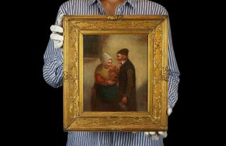 A Pinch Of Snuff | Small 19th Century Genre Antique Oil Painting Elderly Figures