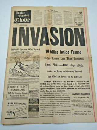 Boston Evening Globe 1944 Complete 30 Page Newspaper Ww Ii D - Day " Invasion " Rare