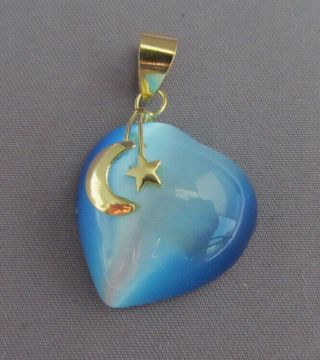 3d Vintage 18k 750 Yellow Gold Blue Cats Eye Heart Celestial Moon Star Pendant