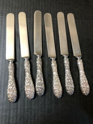 Set Of 6 Kirk Steiff Sterling Silver Repousse Pattern Floral Flower Dinner Knife